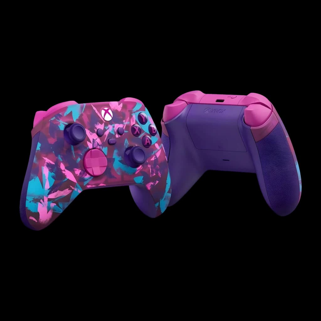Manette Microsoft Xbox Wireless Controller Breaker Special Edition bicolore violet et rose avec motifs géométriques cyan, sticks et boutons assortis