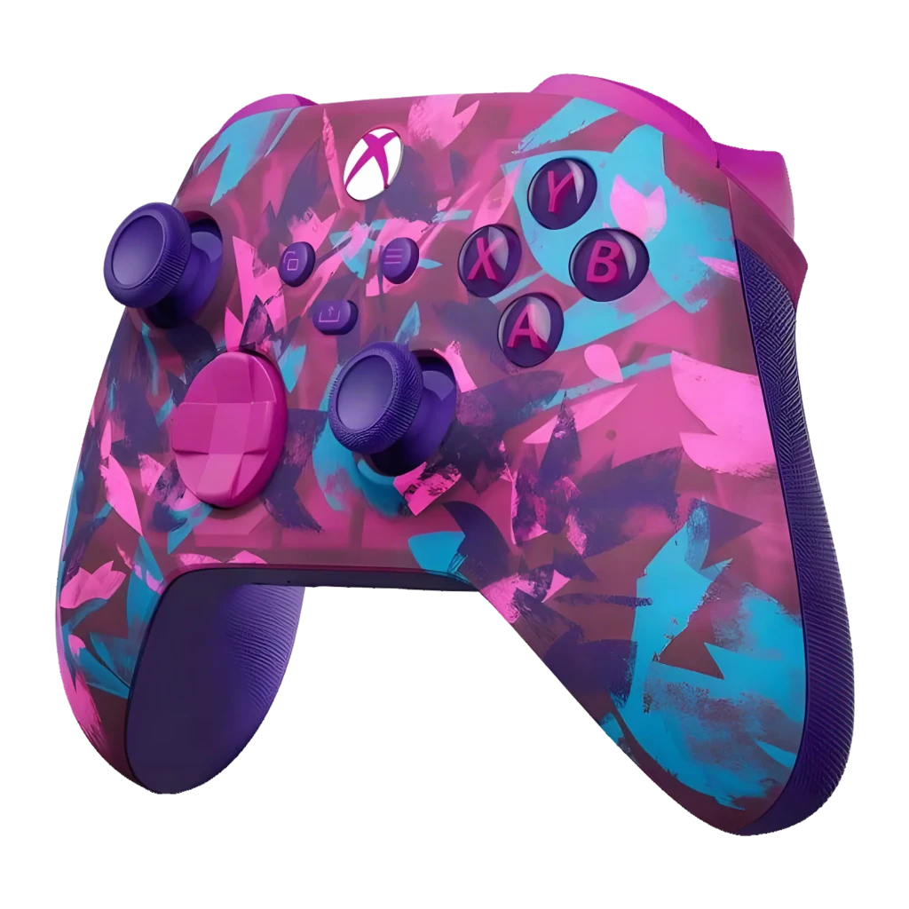 Mando Microsoft Xbox Wireless Controller Breaker Special Edition en fucsia con patrón geométrico azul y morado, botones ABXY morados y cruceta rosa - Ítem4