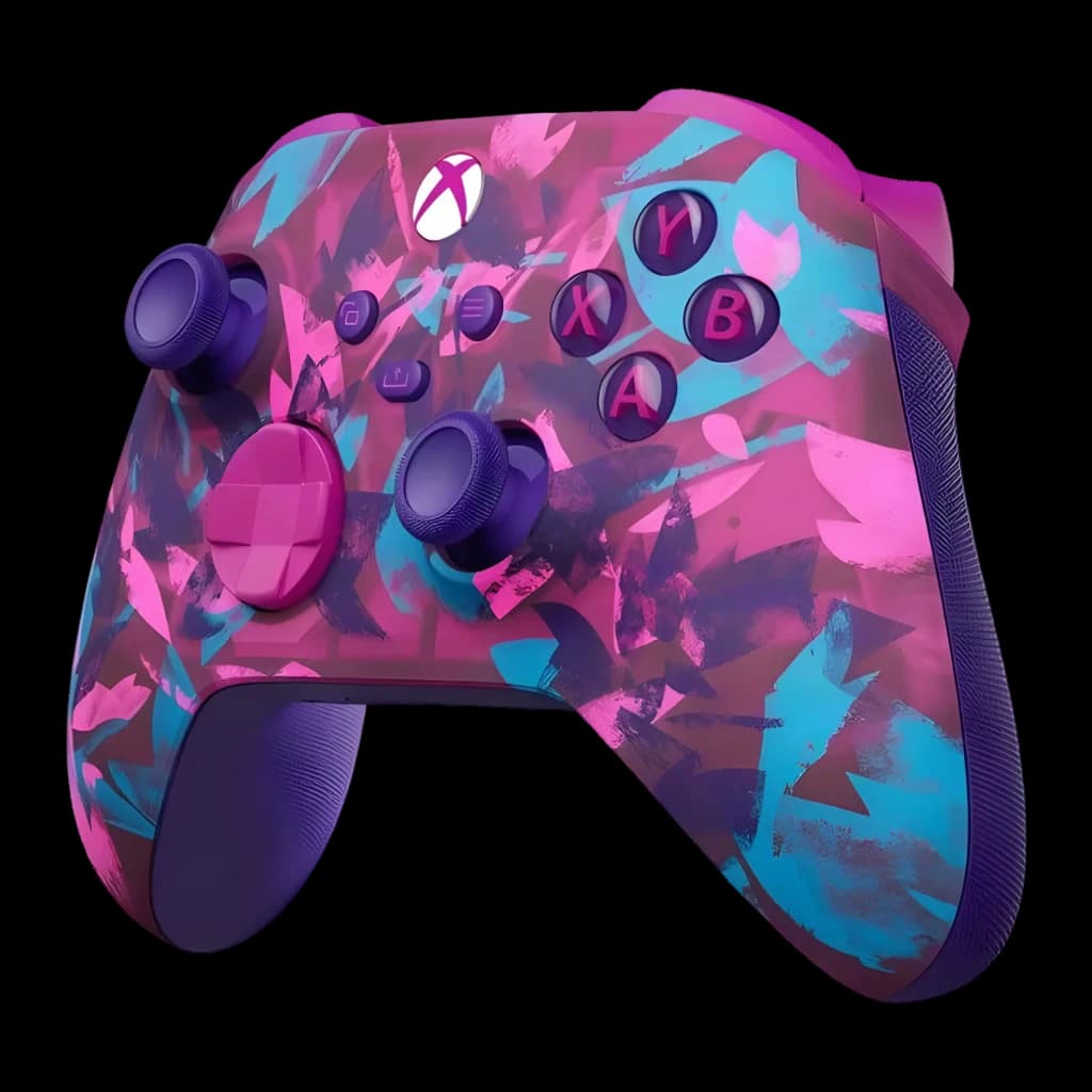 Manette Microsoft Xbox Wireless Controller Breaker Special Edition violet et rose, motifs abstraits cyan, sticks et boutons violets, poignées texturées
