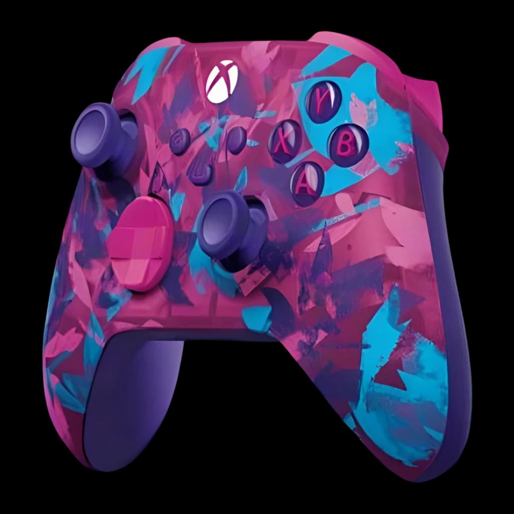 Manette Microsoft Xbox Wireless Controller Breaker Special Edition avec coque rose fuchsia à motifs bleu turquoise, boutons A B X Y assortis et poignées