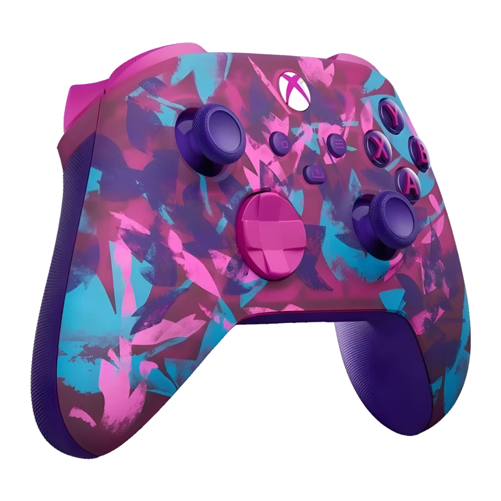 Mando Microsoft Xbox Wireless Controller Breaker Special Edition en fucsia con patrón geométrico azul y morado, botones ABXY morados y cruceta rosa - Ítem3