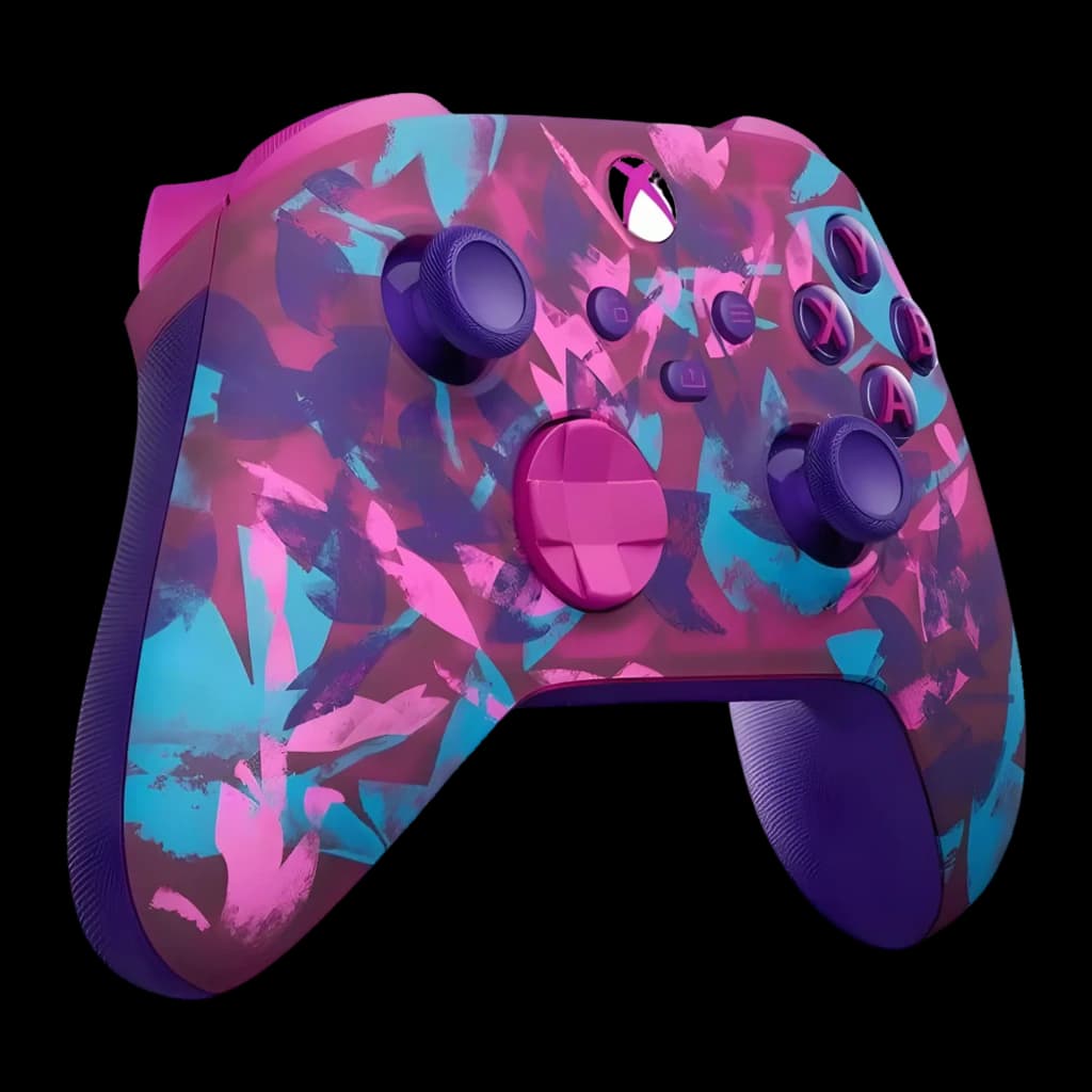 Manette Microsoft Xbox Wireless Controller Breaker Special Edition aux tons rose fuchsia et violet, motifs abstraits, sticks et boutons violets, poignées