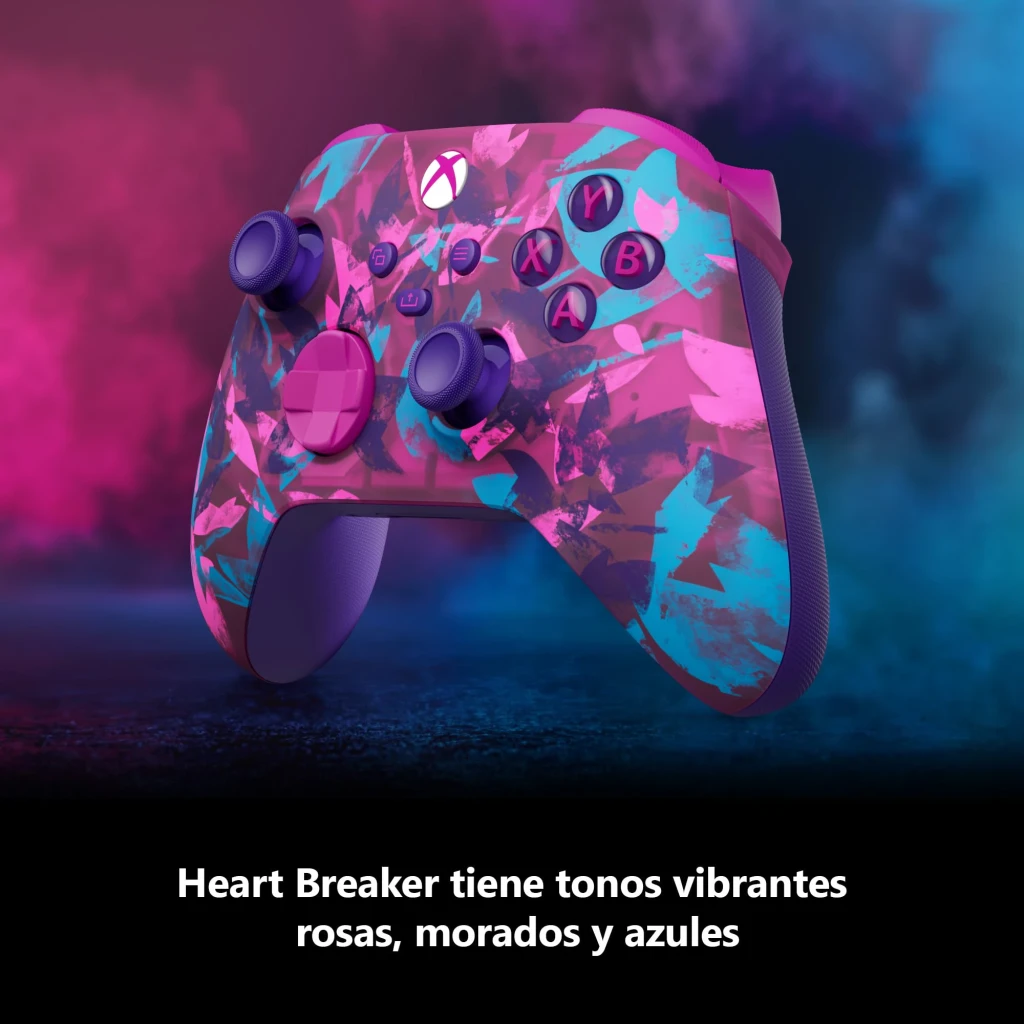 Mando Microsoft Xbox Wireless Controller Breaker Special Edition en fucsia con patrón geométrico azul y morado, botones ABXY morados y cruceta rosa - Ítem1
