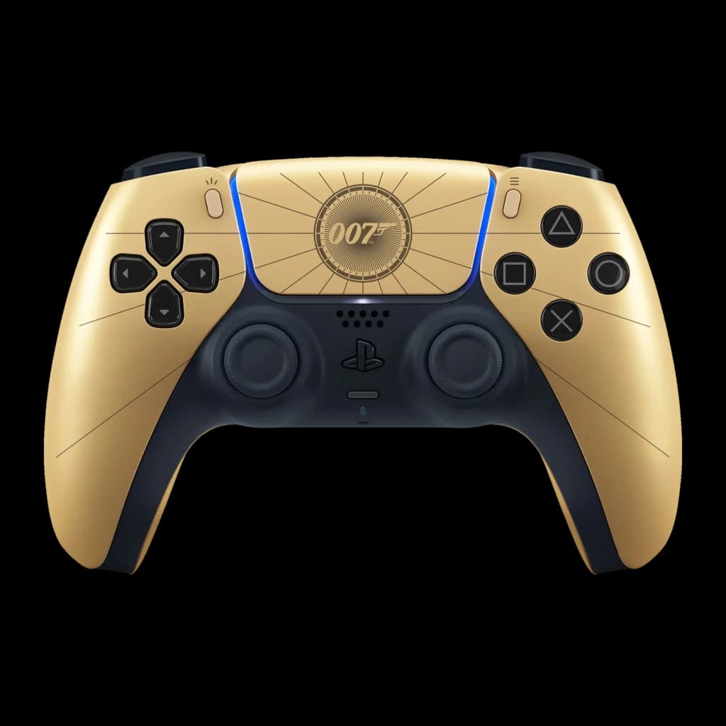 Mando Sony DualSense 007 First Light Edición Limitada Negro/Dorado Inalámbrico, vista frontal: carcasa dorada con logo 007