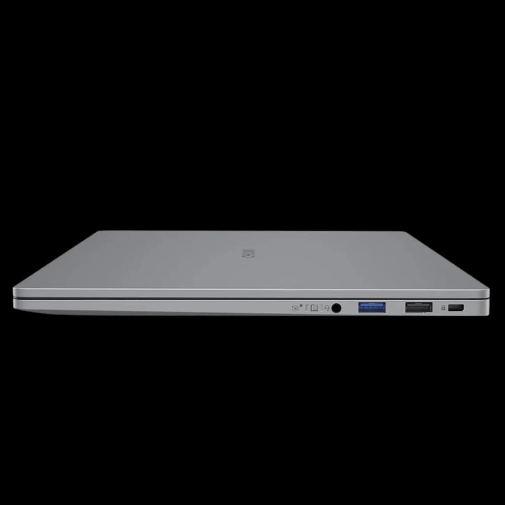 Chuwi CoreBook Air 14 pol cinza fechado, perfil ultrafino, tampa lisa com logo; laterais com portas USB-A, USB-C, HDMI e entrada de áudio