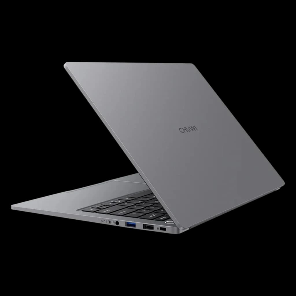 Chuwi CoreBook Air Ultra 5 com design fino em alumínio cinza, tela 14 pol, teclado preto e portas laterais USB, HDMI e áudio