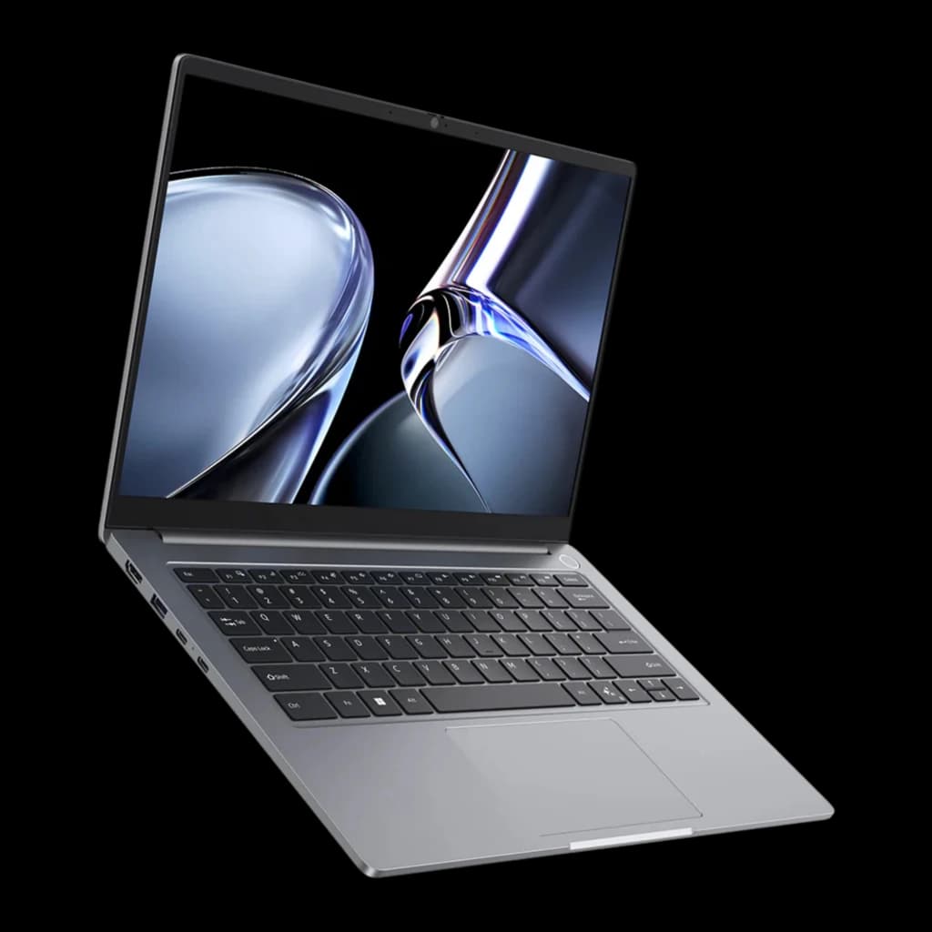 Chuwi CoreBook Air 14 em alumínio cinza, tela fina com bordas estreitas, teclado chiclet preto e touchpad amplo; design leve e moderno