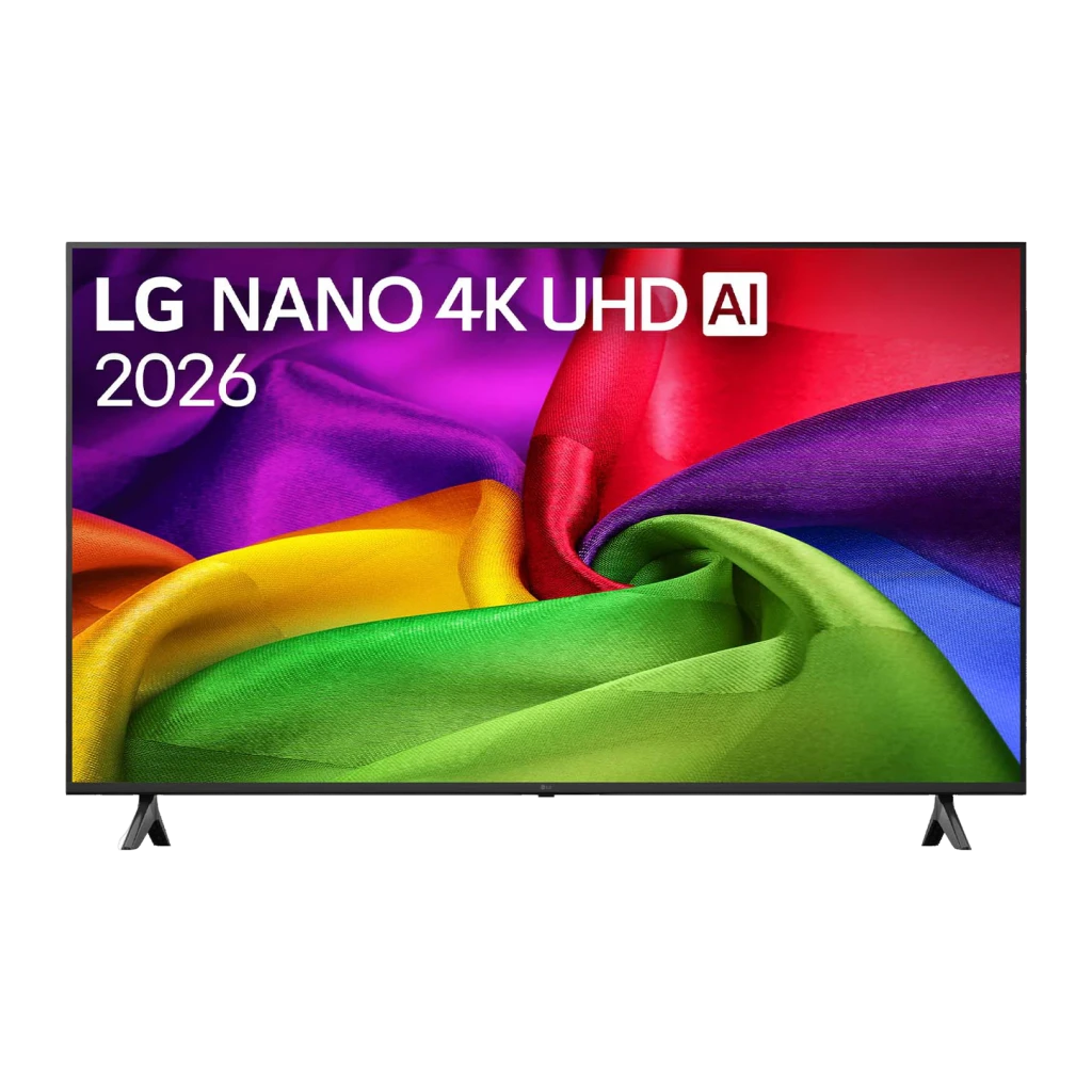 TV LG 32 pouces LED HD WebOS Noir 32LB650B6LA, vue de face: écran avec tissus colorés et texte LG NANO 4K UHD AI 2026