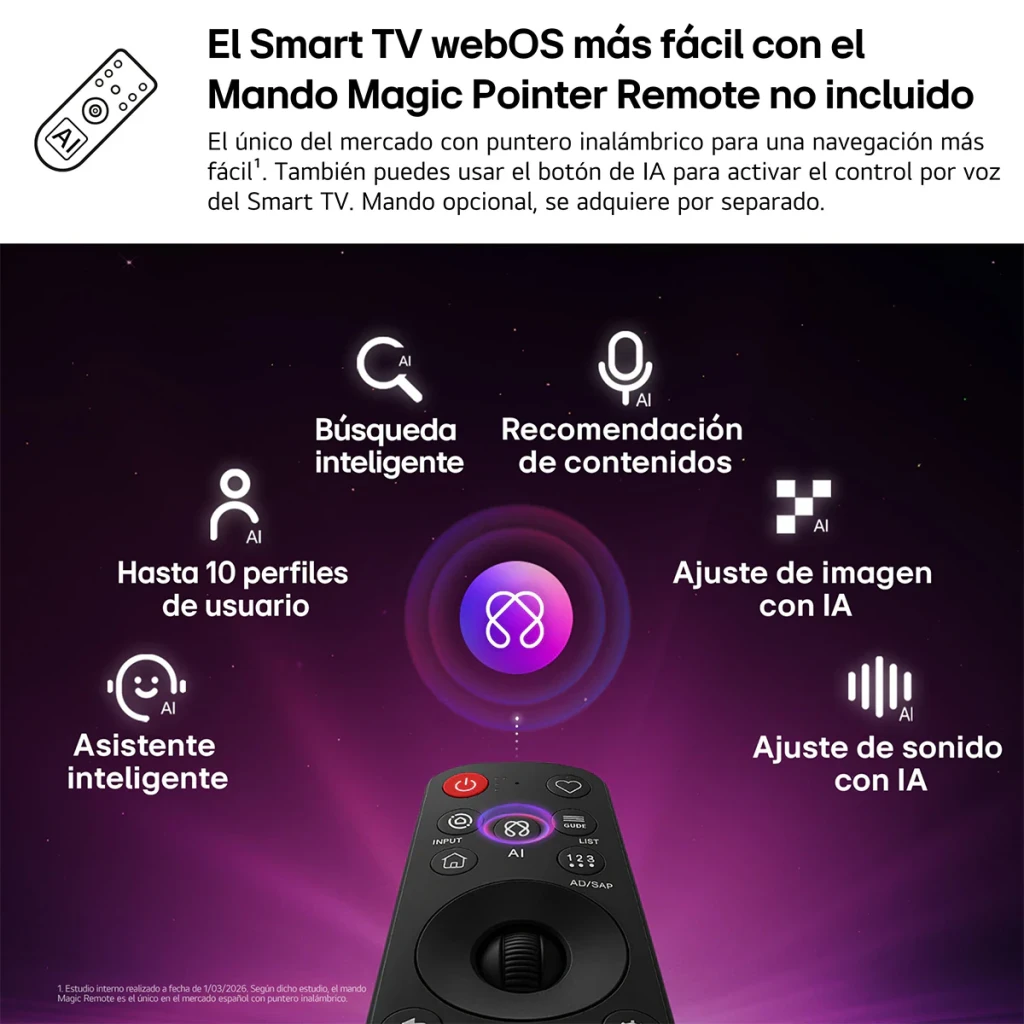 TV LG 32 pouces LED HD WebOS Noir 32LB650B6LA, fonctions IA: télécommande Magic Pointer et icônes webOS recherche, voix