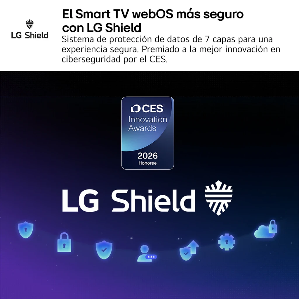 TV LG 32 pouces LED HD WebOS Noir 32LB650B6LA, détail: fonction LG Shield avec badge CES Innovation Awards 2026 et icônes
