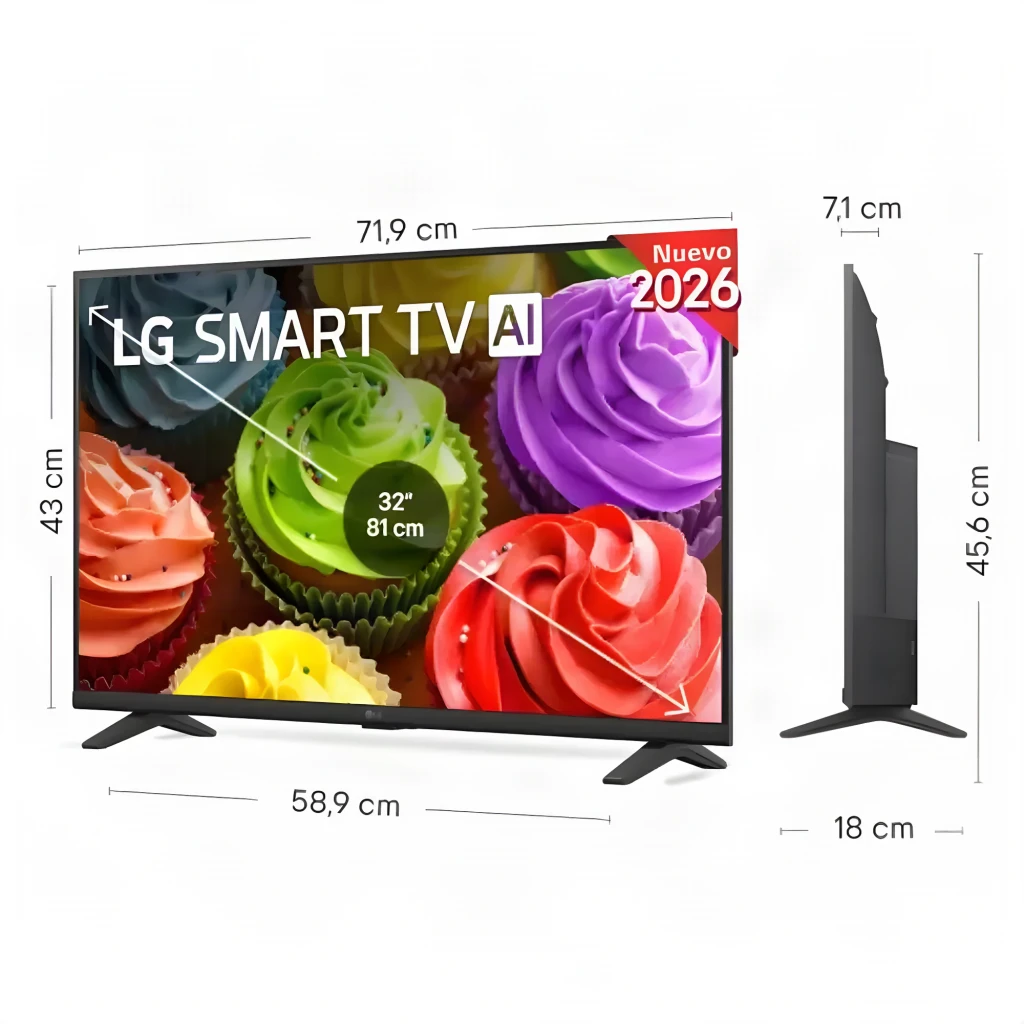 TV LG 32 pouces LED HD WebOS Noir 32LB650B6LA, vue de côté avec dimensions: largeur 71,9 cm, profondeur 7,1 cm, diagonale 32"