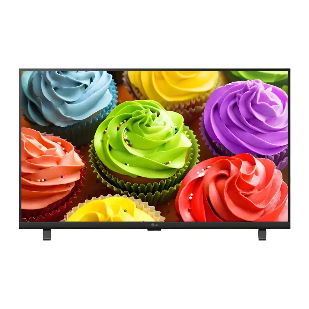 TV LG 32 pouces LED HD WebOS Noir 32LB650B6LA, vue de face: écran allumé affichant des cupcakes colorés