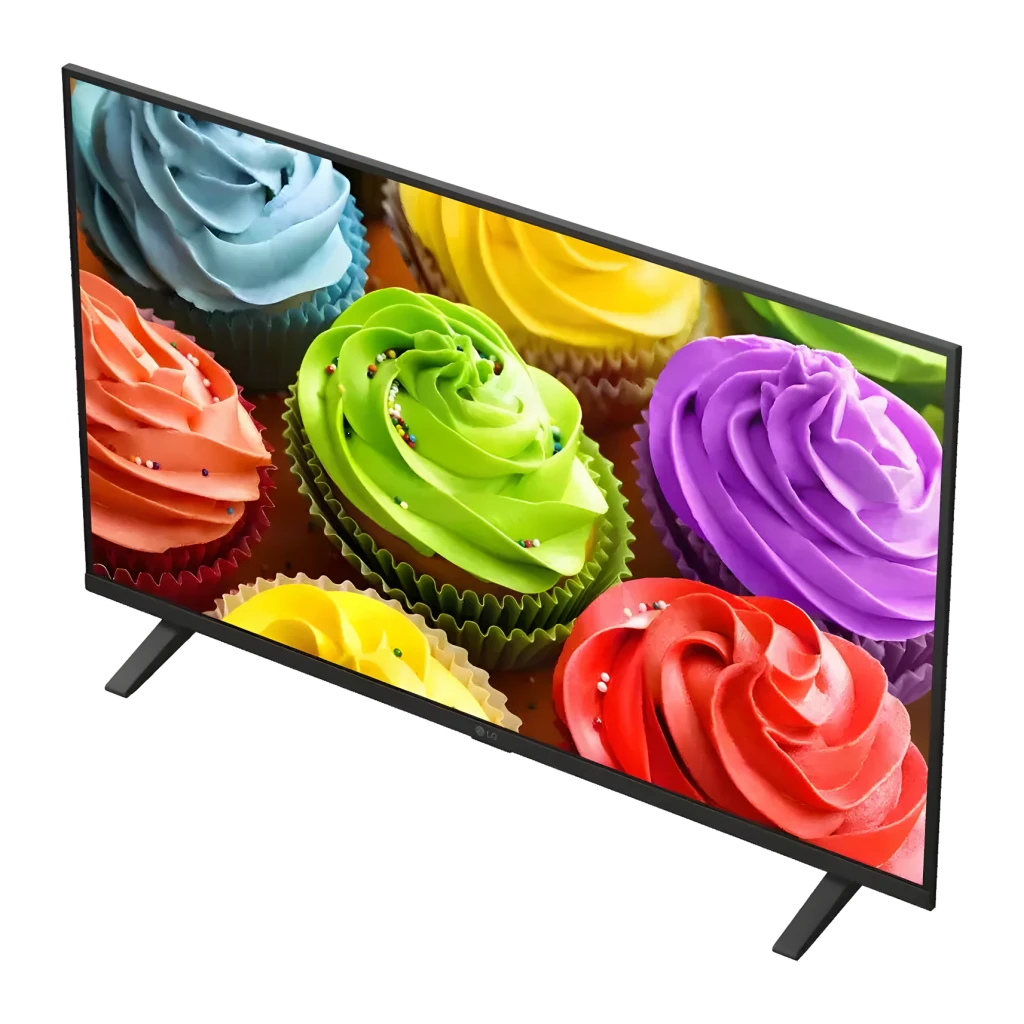 TV LG 32 pouces LED HD WebOS Noir 32LB650B6LA, vue en angle: écran affichant des cupcakes colorés, bordure fine noire