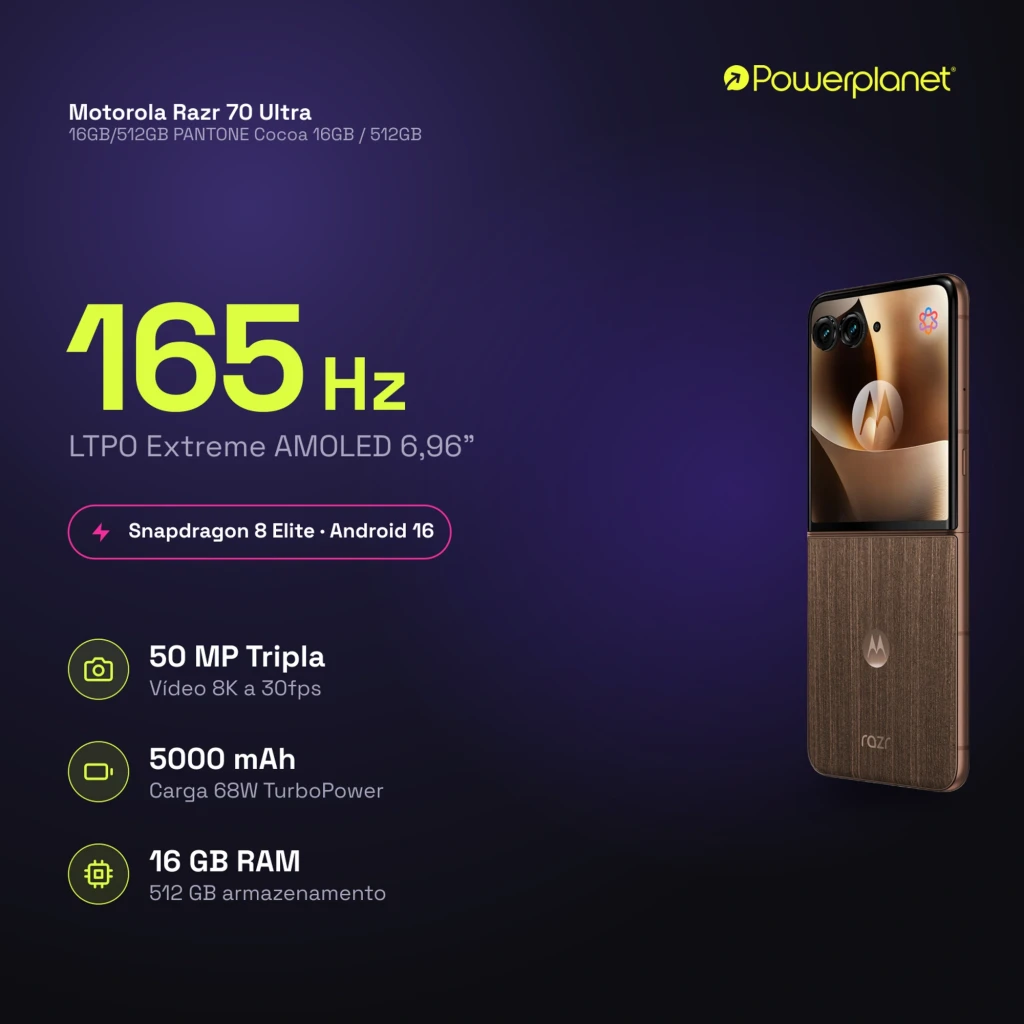Motorola Razr 70 Ultra 5G en color Cocoa, acabado texturizado marrón, doble cámara trasera y pantalla externa cuadrada con logo Motorola brillante - Ítem6