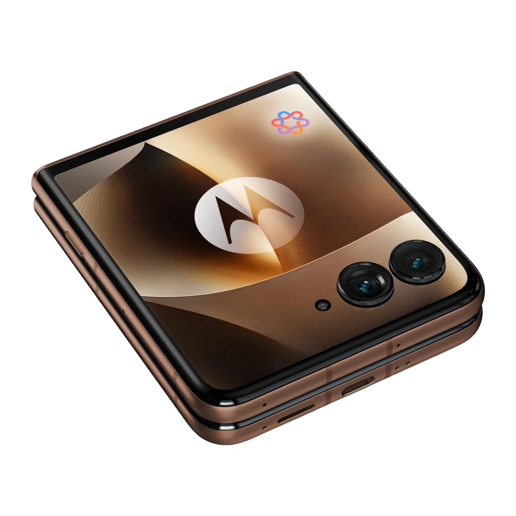 Motorola Razr 70 Ultra 5G en color Cocoa, acabado texturizado marrón, doble cámara trasera y pantalla externa cuadrada con logo Motorola brillante - Ítem2