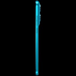 Perfil lateral del Motorola Moto G87 5G en color Blue Atoll, cuerpo delgado con acabado metálico, botones de volumen y encendido visibles y módulo de cámara