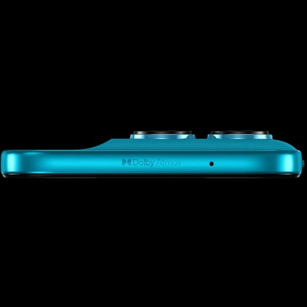 Borde lateral azul Atoll del Motorola Moto G87 5G con módulo de cámara dual sobresaliente y marca Dolby Atmos visible en el chasis