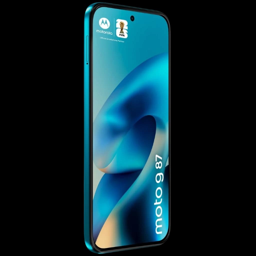 Motorola Moto G87 5G en color Blue Atoll con pantalla casi sin bordes, perforación centrada y marco delgado metálico; diseño elegante y moderno