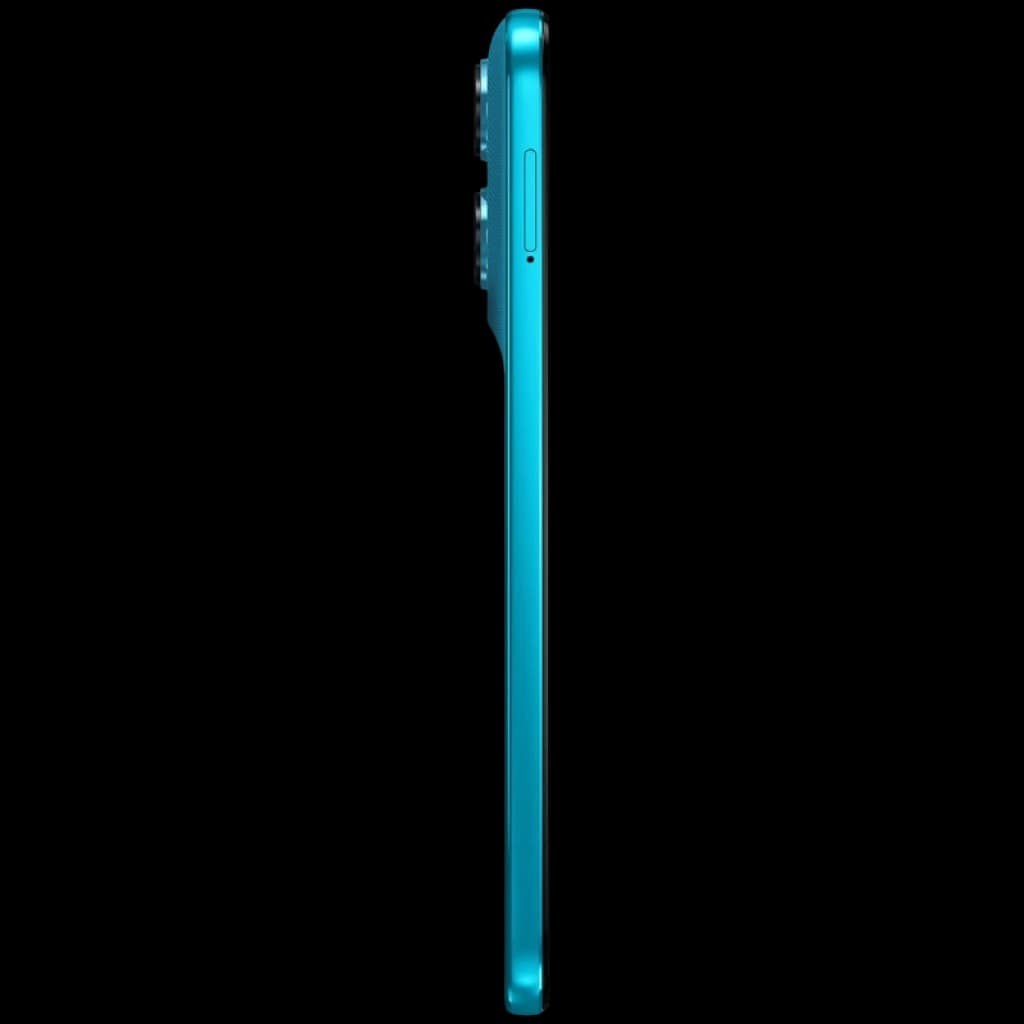 Lateral del Motorola Moto G87 5G en color Blue Atoll, perfil delgado con módulo de cámaras traseras sobresaliente y botón lateral visible
