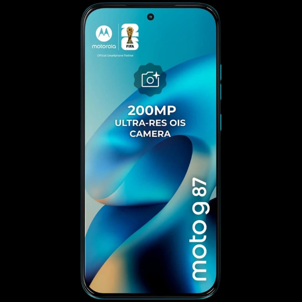 Motorola Moto G87 5G en Blue Atoll con pantalla full frontal, cámara frontal en orificio central y destaque de cámara 200 MP con OIS en la pantalla