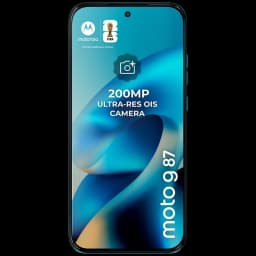 Motorola Moto G87 5G en Blue Atoll con pantalla full frontal, cámara frontal en orificio central y destaque de cámara 200 MP con OIS en la pantalla