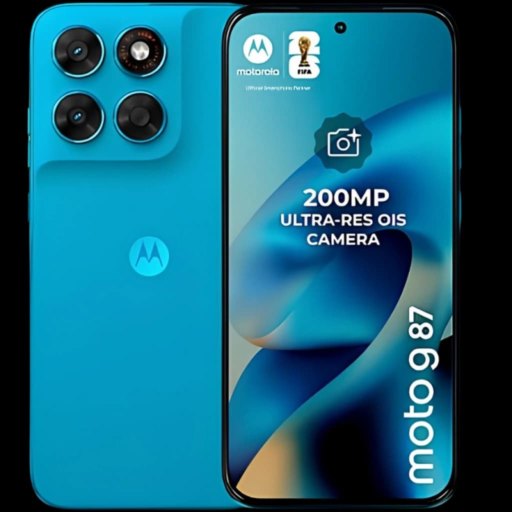 Motorola Moto G87 5G Blue Atoll con pantalla perforada, triple cámara trasera destacada y módulo grande; texto 200 MP en la pantalla, diseño azul mate