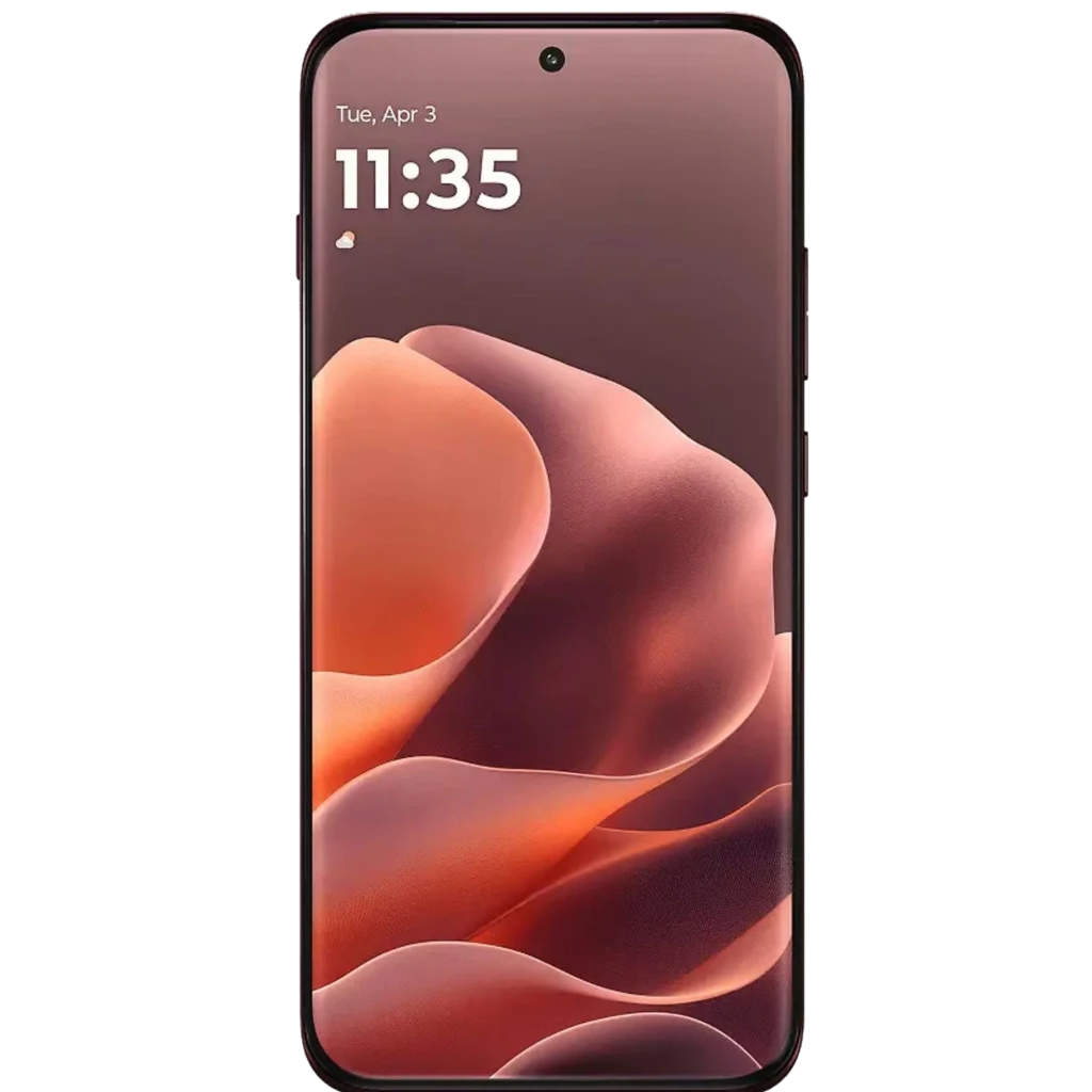 Smartphone Motorola Edge 70 Pro 5G cor Zinfandel com tela ampla perfurada, módulo traseiro triplo com aros em vermelho e logo M centralizado - Item1