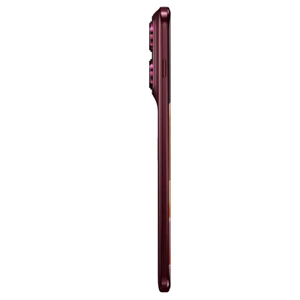 Smartphone Motorola Edge 70 Pro 5G cor Zinfandel com tela ampla perfurada, módulo traseiro triplo com aros em vermelho e logo M centralizado - Item4
