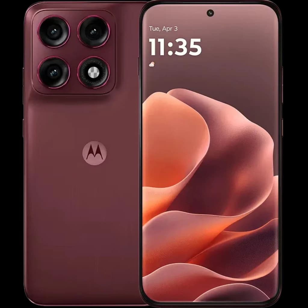 Motorola Edge 70 Pro 5G en color Zinfandel, triple cámara trasera con aros metálicos, pantalla amplia con perforación central y bordes curvos, acabado mate