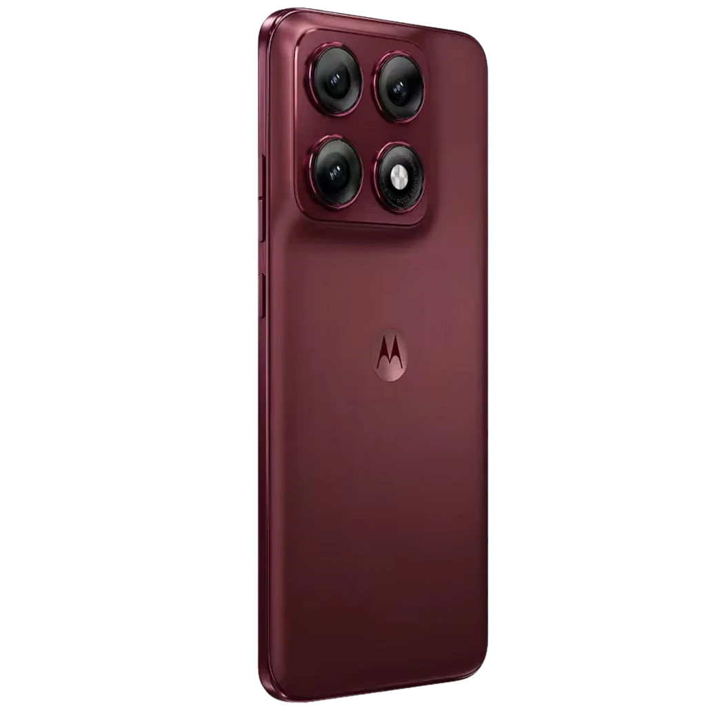 Smartphone Motorola Edge 70 Pro 5G cor Zinfandel com tela ampla perfurada, módulo traseiro triplo com aros em vermelho e logo M centralizado - Item3
