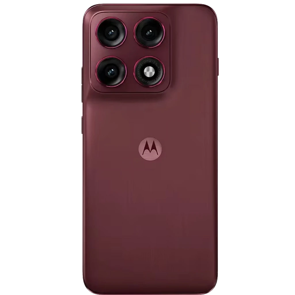 Smartphone Motorola Edge 70 Pro 5G cor Zinfandel com tela ampla perfurada, módulo traseiro triplo com aros em vermelho e logo M centralizado - Item2