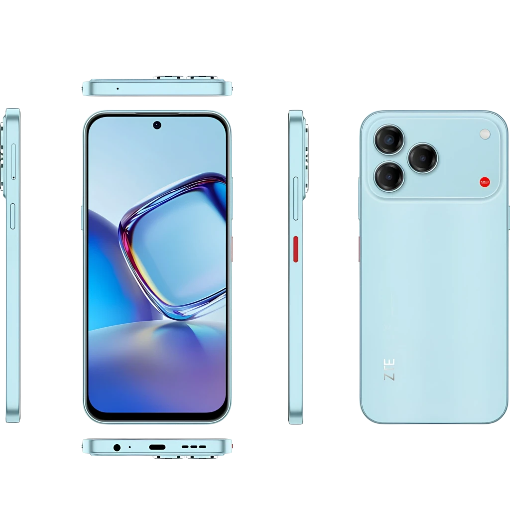 ZTE Blade V80 Vita 4G em cyan com tela ampla de bordas finas e furo central, módulo traseiro com três câmeras grandes e acabamento fosco elegante - Item1