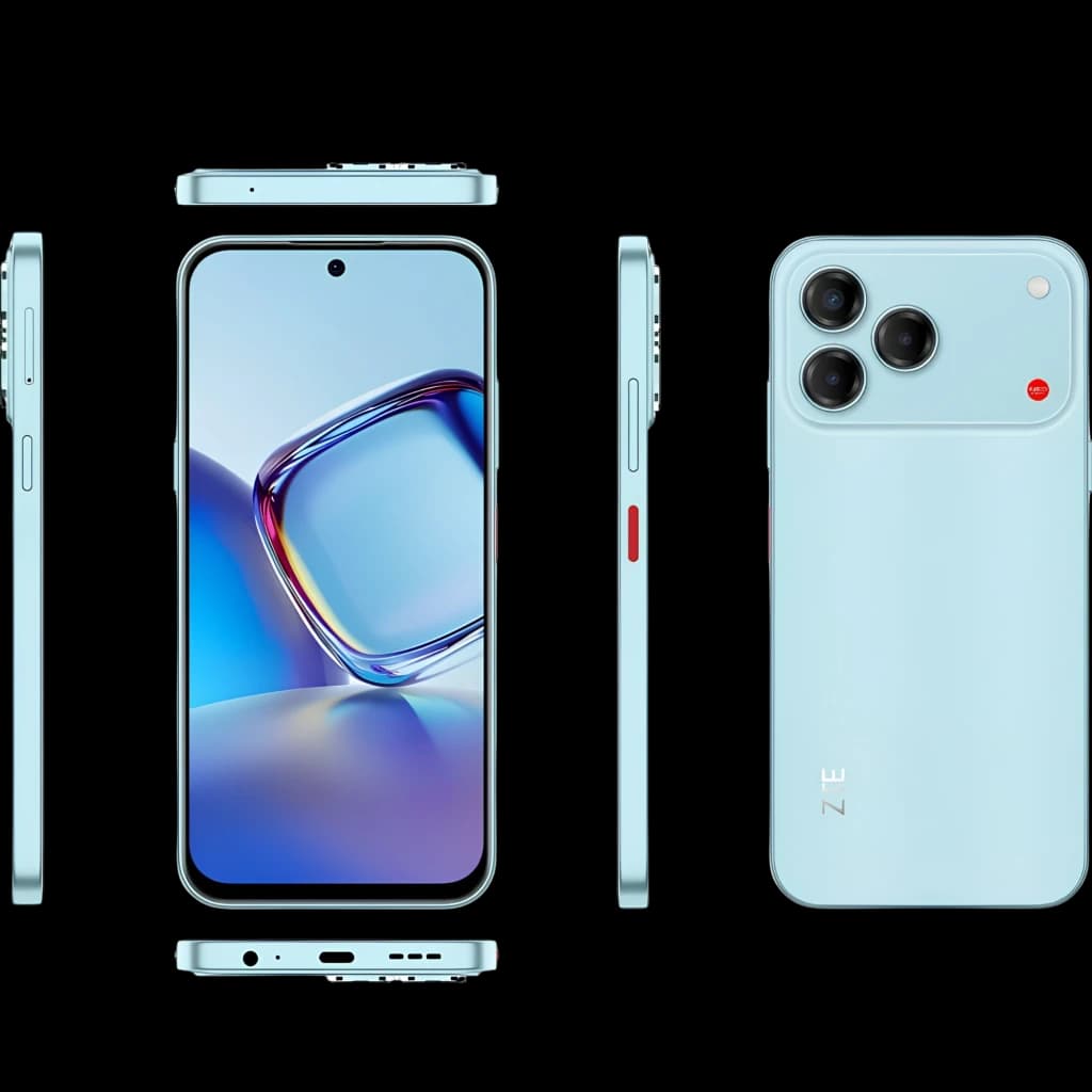 ZTE Blade V80 Vita 4G Cyan con pantalla 120Hz casi sin bordes, cámara triple trasera con flash, perforación frontal centrada y cuerpo delgado con USB-C