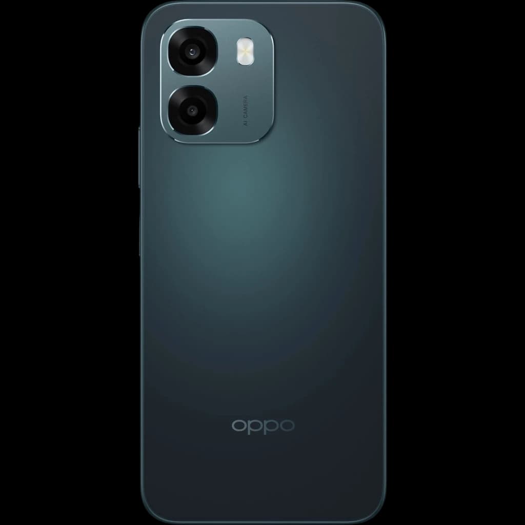 OPPO A6 5G negro con doble cámara trasera en módulo rectangular, acabado mate oscuro, logotipo OPPO inferior y bordes curvos elegantes
