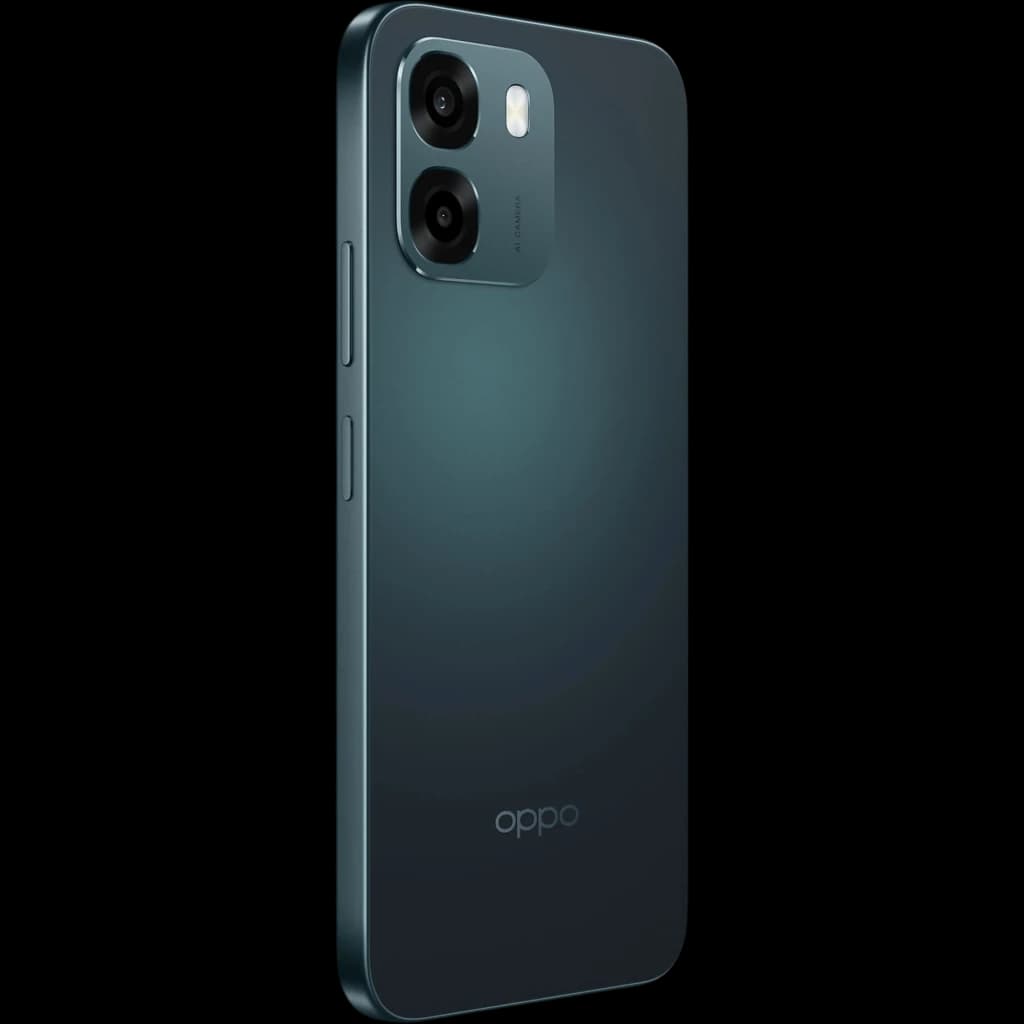 OPPO A6 5G negro con acabado mate, marco recto y doble cámara trasera en módulo rectangular; botones laterales y diseño delgado elegante