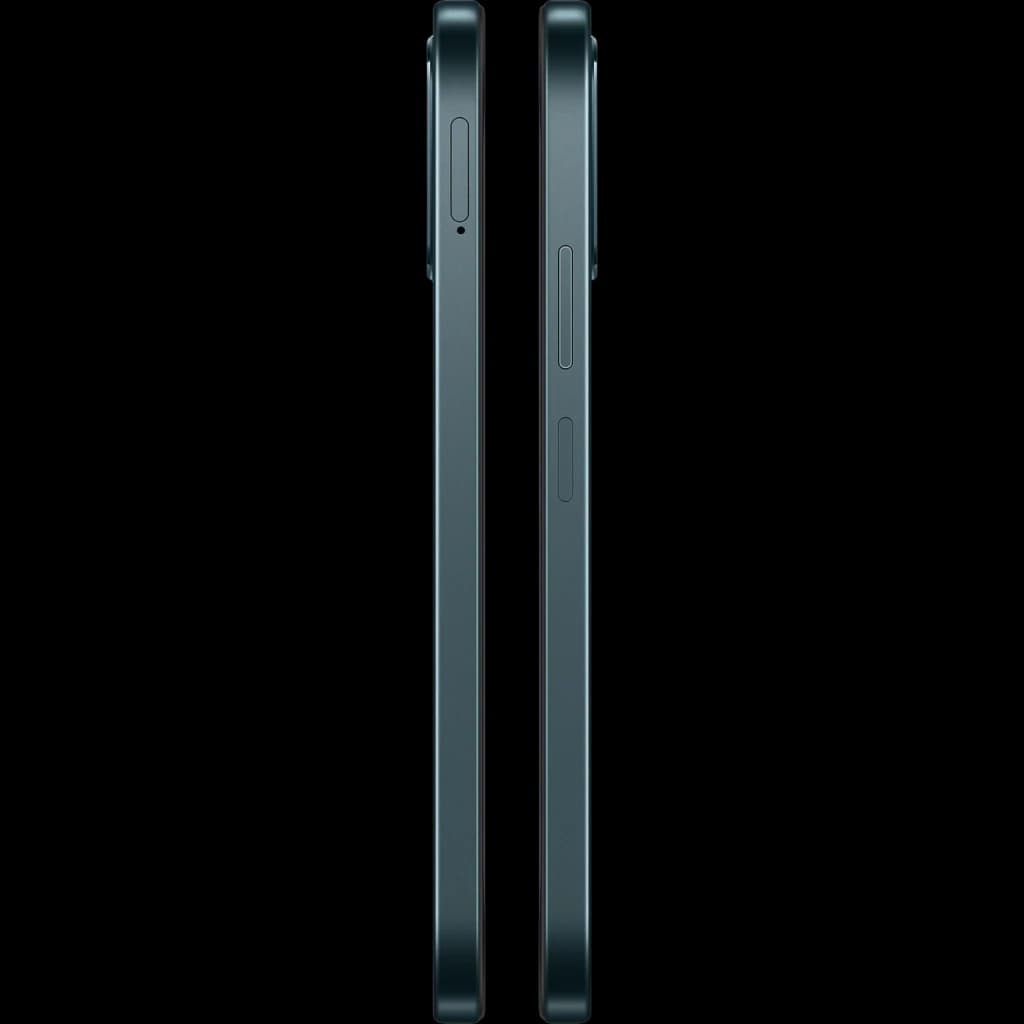 OPPO A6 5G Negro con bordes planos en aluminio, botones laterales y marco delgado; diseño simétrico y estilizado, perfil recto y acabado mate elegante