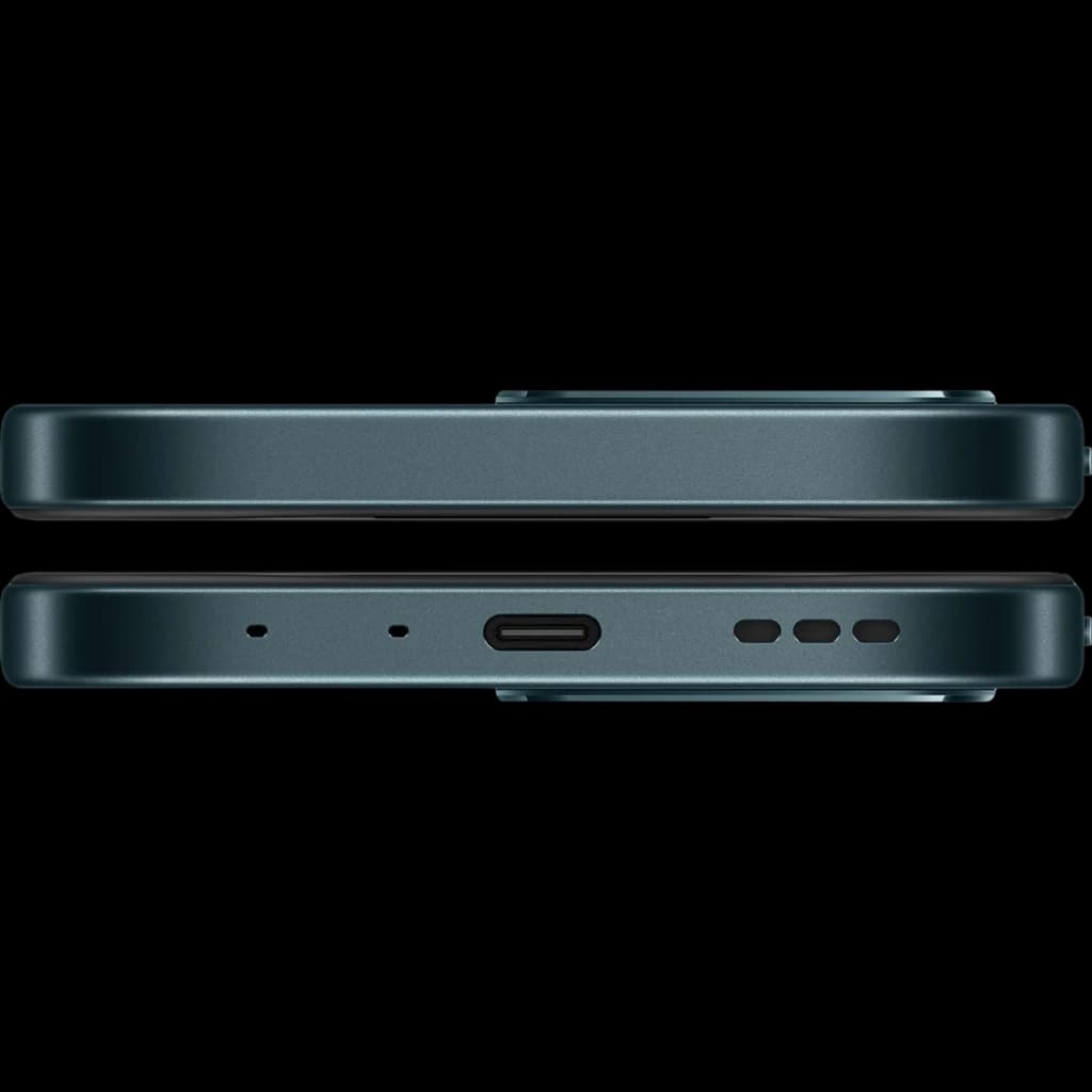 OPPO A6 5G negro con bordes rectos, módulo de cámara saliente, puerto USB-C centrado, rejillas de altavoz y micrófono en marco metálico elegante
