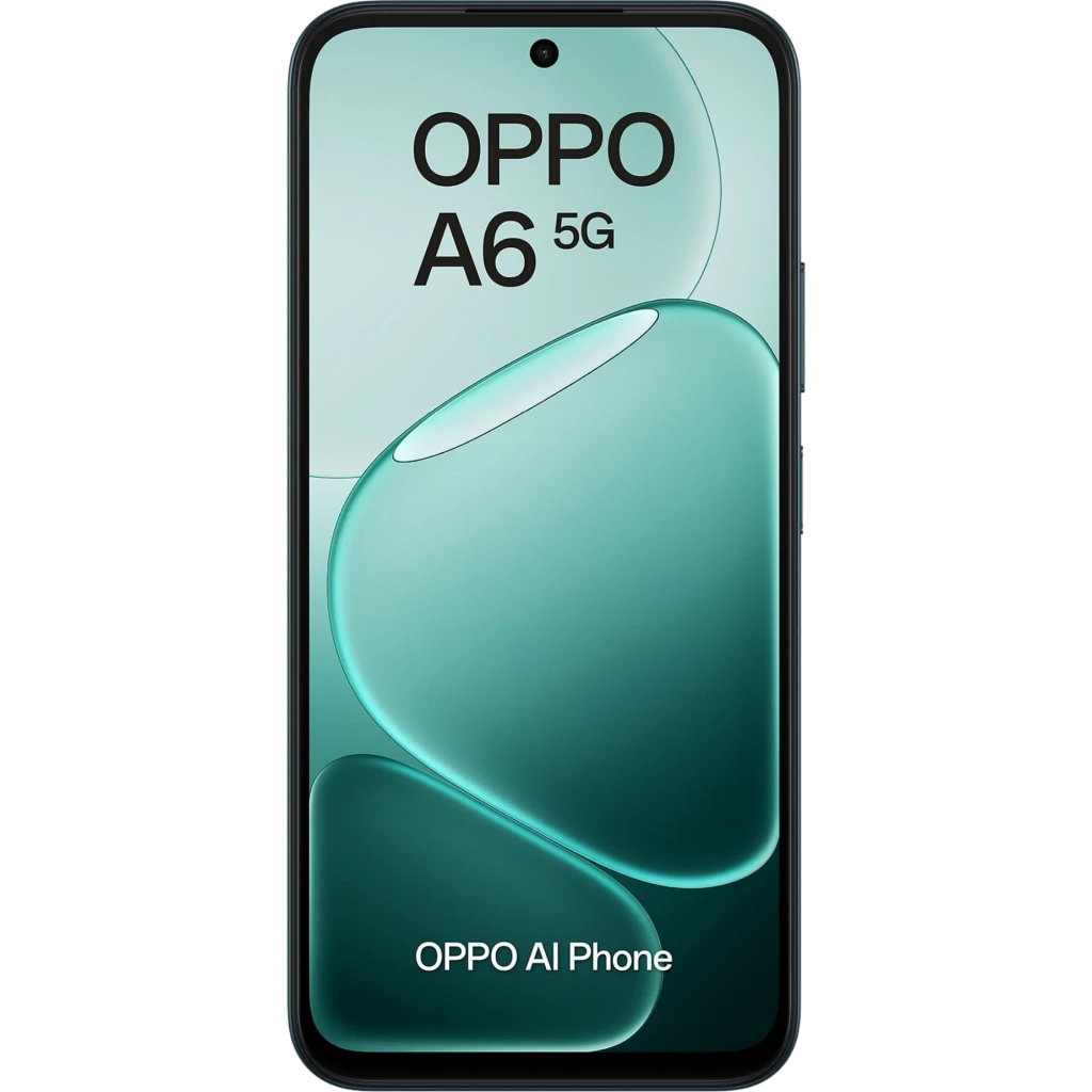 OPPO A6 5G 256 GB Negro, pantalla amplia con biseles finos, doble cámara trasera con anillos destacados, frontal con agujero para la cámara, diseño elegante - Ítem1