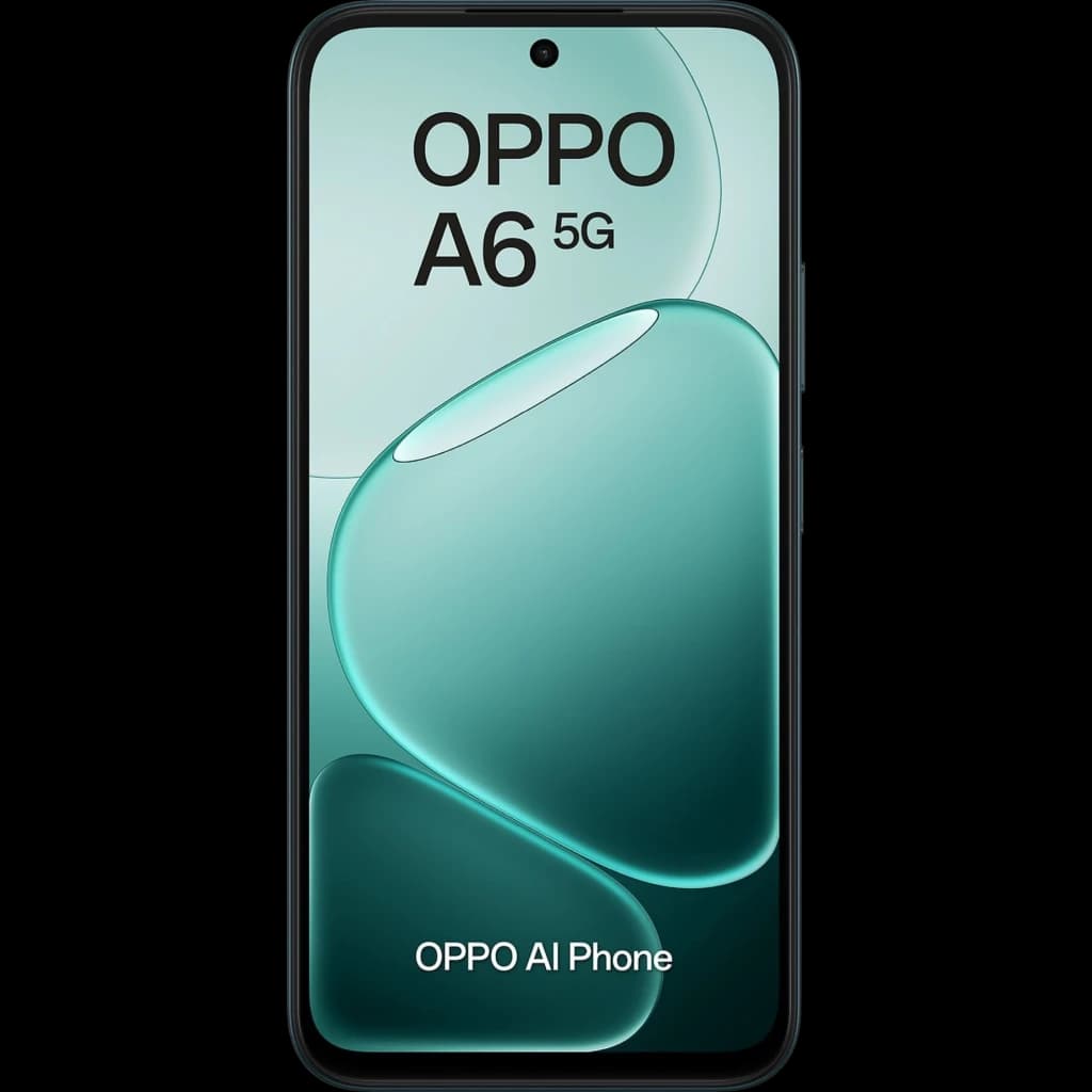 OPPO A6 5G negro con pantalla completa de bordes delgados, cámara frontal en orificio central, diseño elegante en tonos verde y negro, texto OPPO AI Phone
