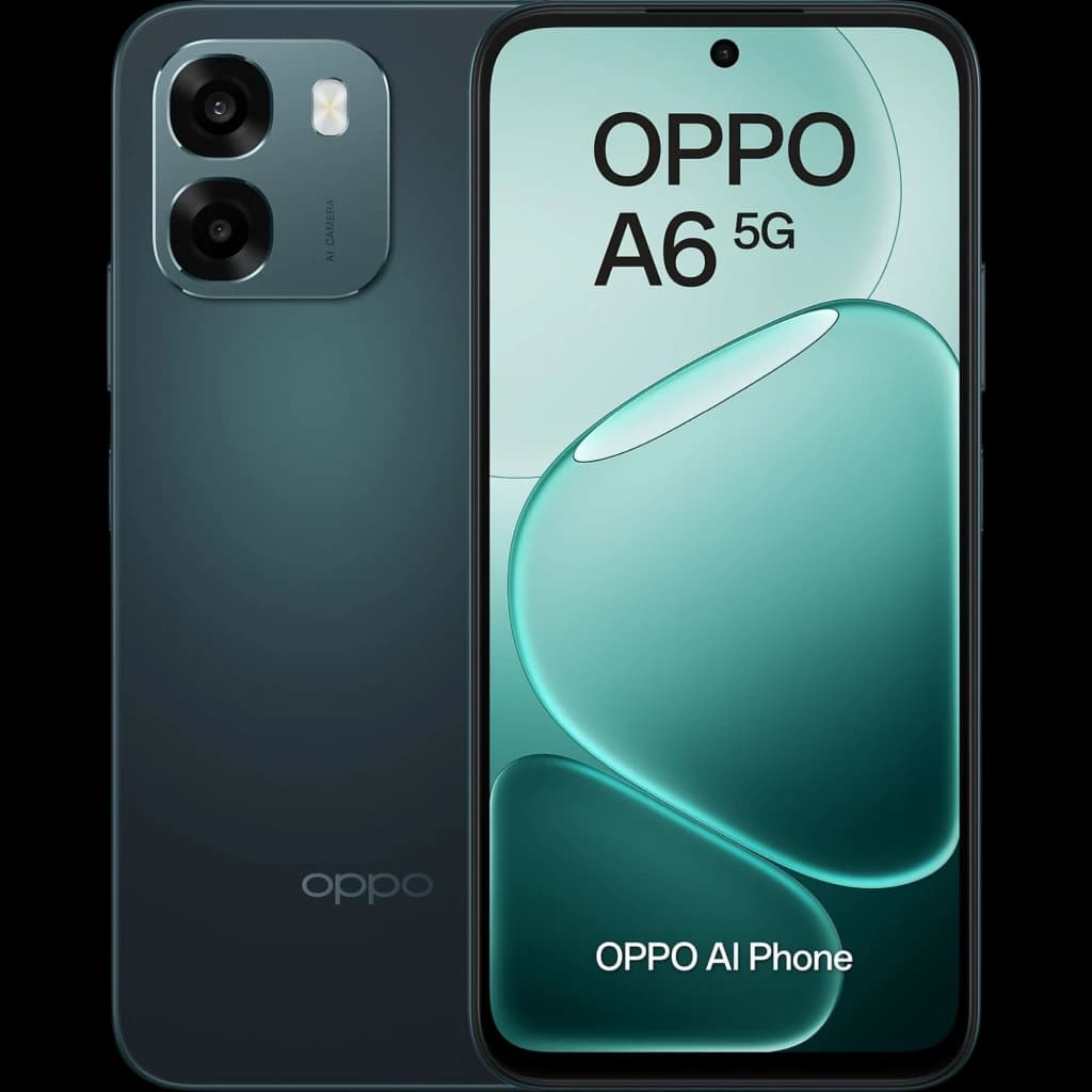 OPPO A6 5G 256 GB Negro, pantalla amplia con biseles finos, doble cámara trasera con anillos destacados, frontal con agujero para la cámara, diseño elegante