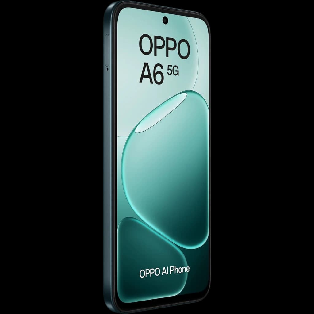 Smartphone OPPO A6 5G negro con pantalla amplia de bordes curvos, cámara frontal en orificio centrado y marco delgado elegante