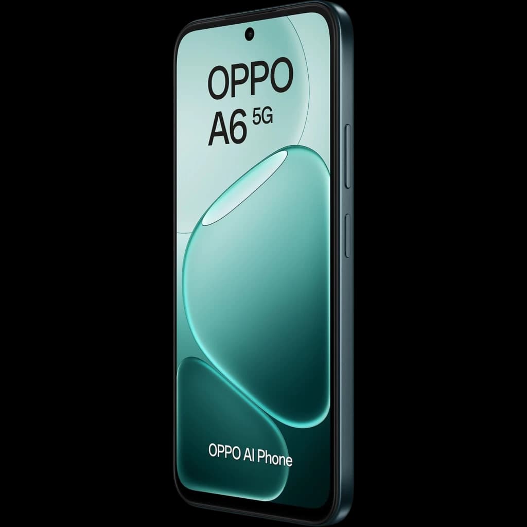 Smartphone OPPO A6 5G negro con pantalla perforada, bordes planos y botones laterales; diseño elegante, frontal casi sin marcos y acabado mate sobrio