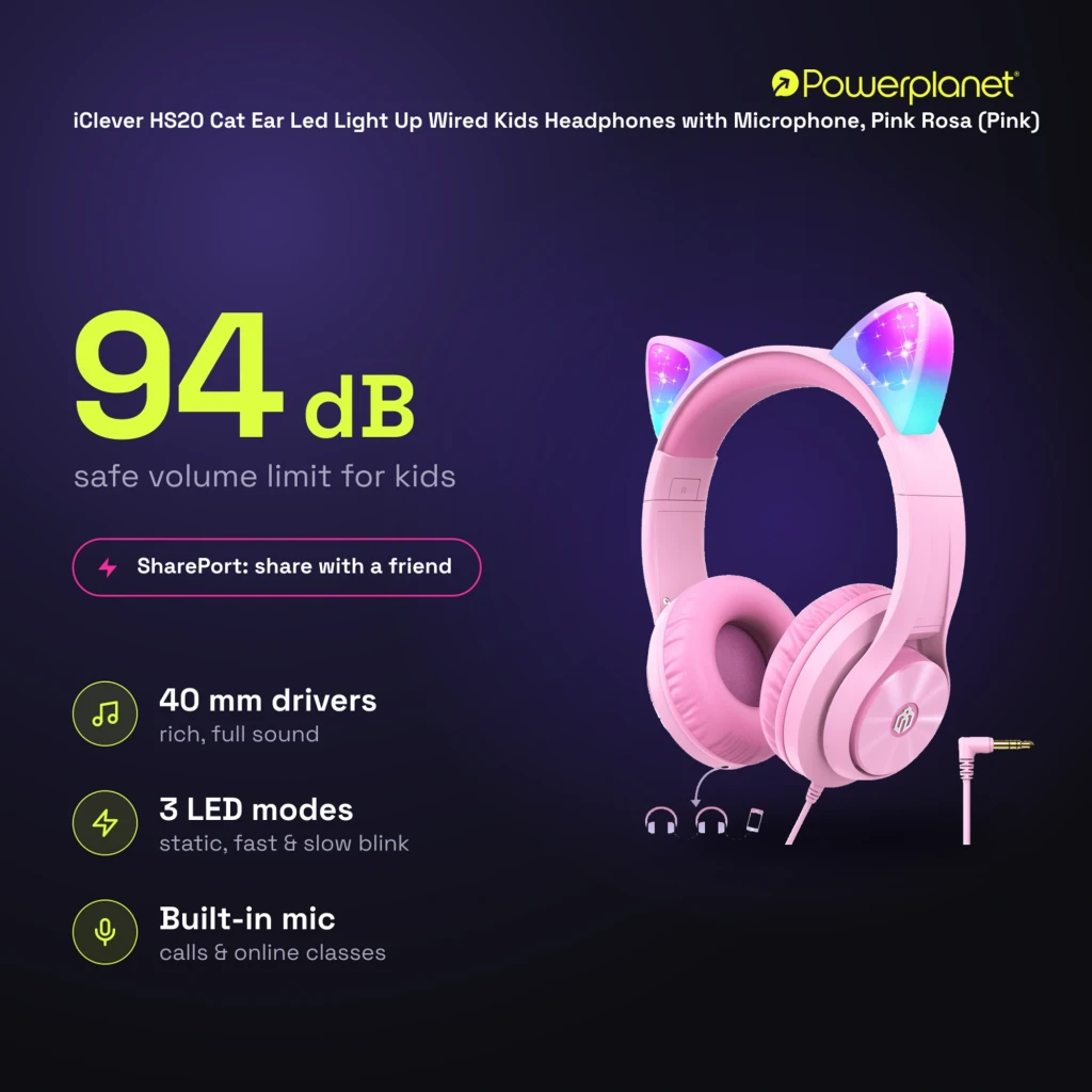 HS20 Cat Ear iClever Rosa com orelhas de gato iluminadas RGB, arco acolchoado, drivers 40 mm, conector Jack 3,5 mm e ganchos de cabo inclusos - Item1