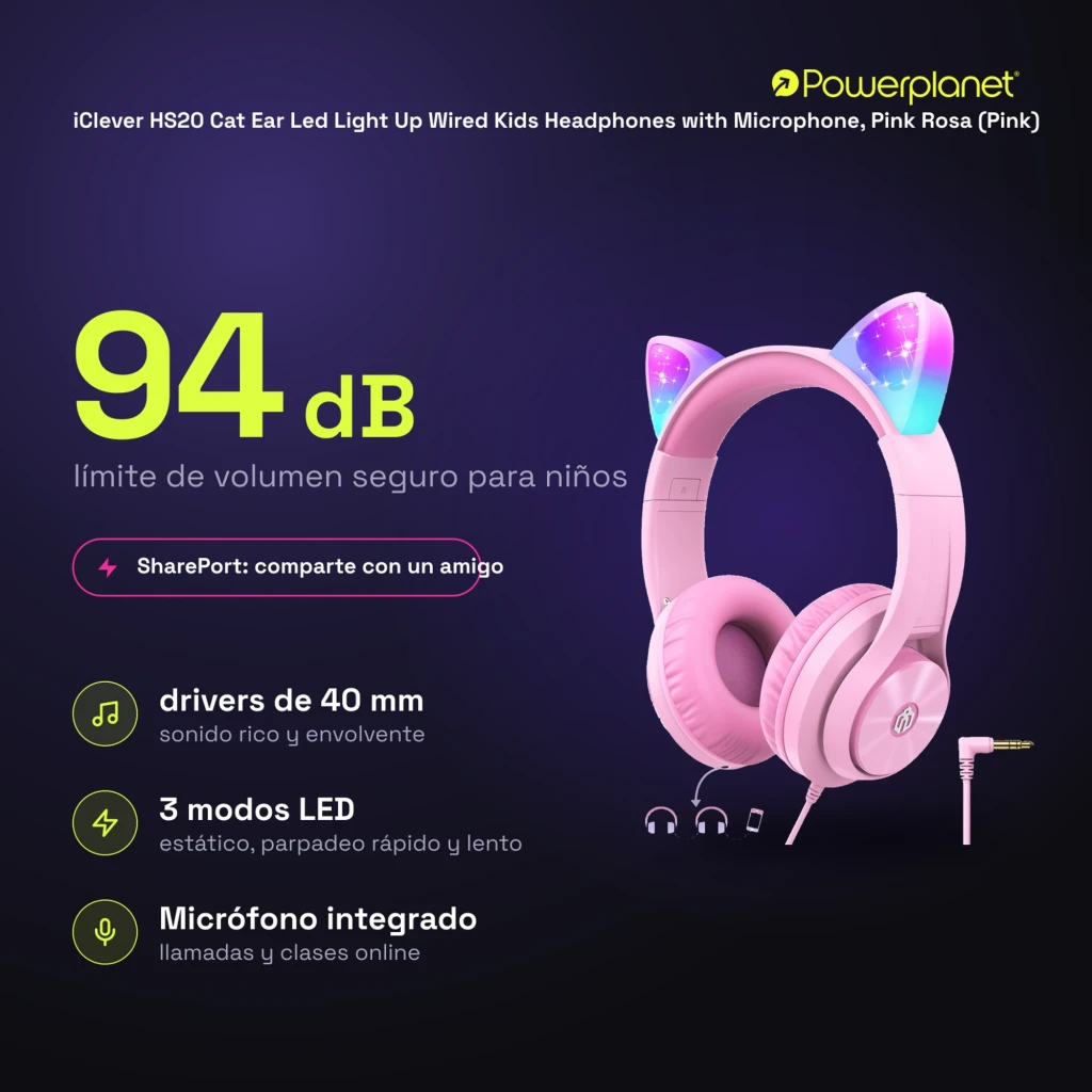 HS20 Cat Ear iClever Rosa com orelhas de gato iluminadas RGB, arco acolchoado, drivers 40 mm, conector Jack 3,5 mm e ganchos de cabo inclusos - Item4