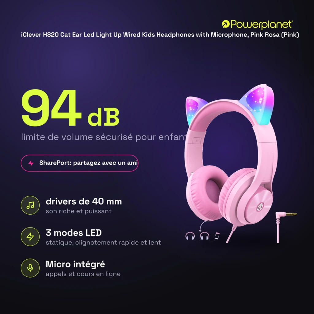 HS20 Cat Ear iClever Rosa com orelhas de gato iluminadas RGB, arco acolchoado, drivers 40 mm, conector Jack 3,5 mm e ganchos de cabo inclusos - Item2
