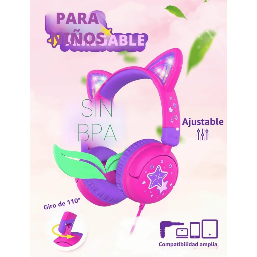 iClever HS25 Rosa: auscultadores infantis cor-de-rosa com orelhas de gato LED multicolor, almofadas roxas, estrela decorativa e cabo com jack 3,5 mm - Item3