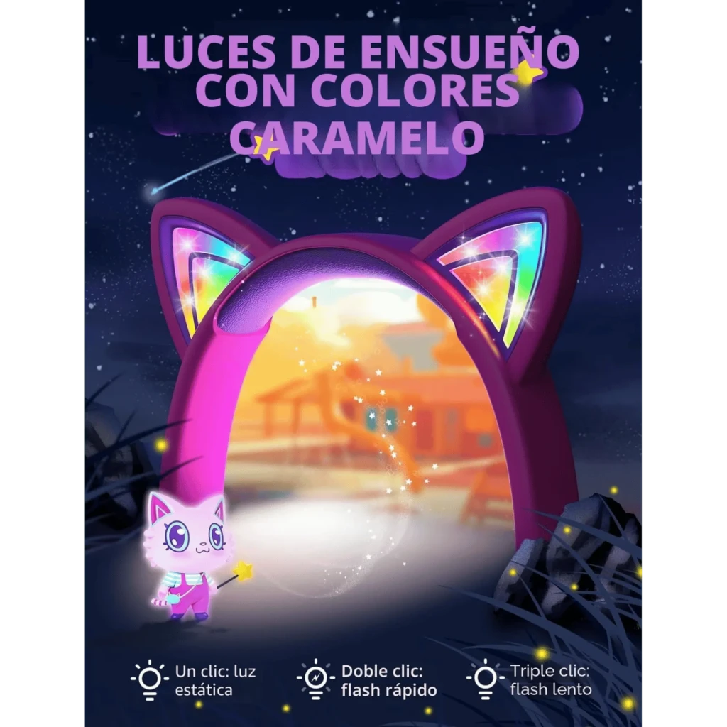 iClever HS25 Rosa: auscultadores infantis cor-de-rosa com orelhas de gato LED multicolor, almofadas roxas, estrela decorativa e cabo com jack 3,5 mm - Item6