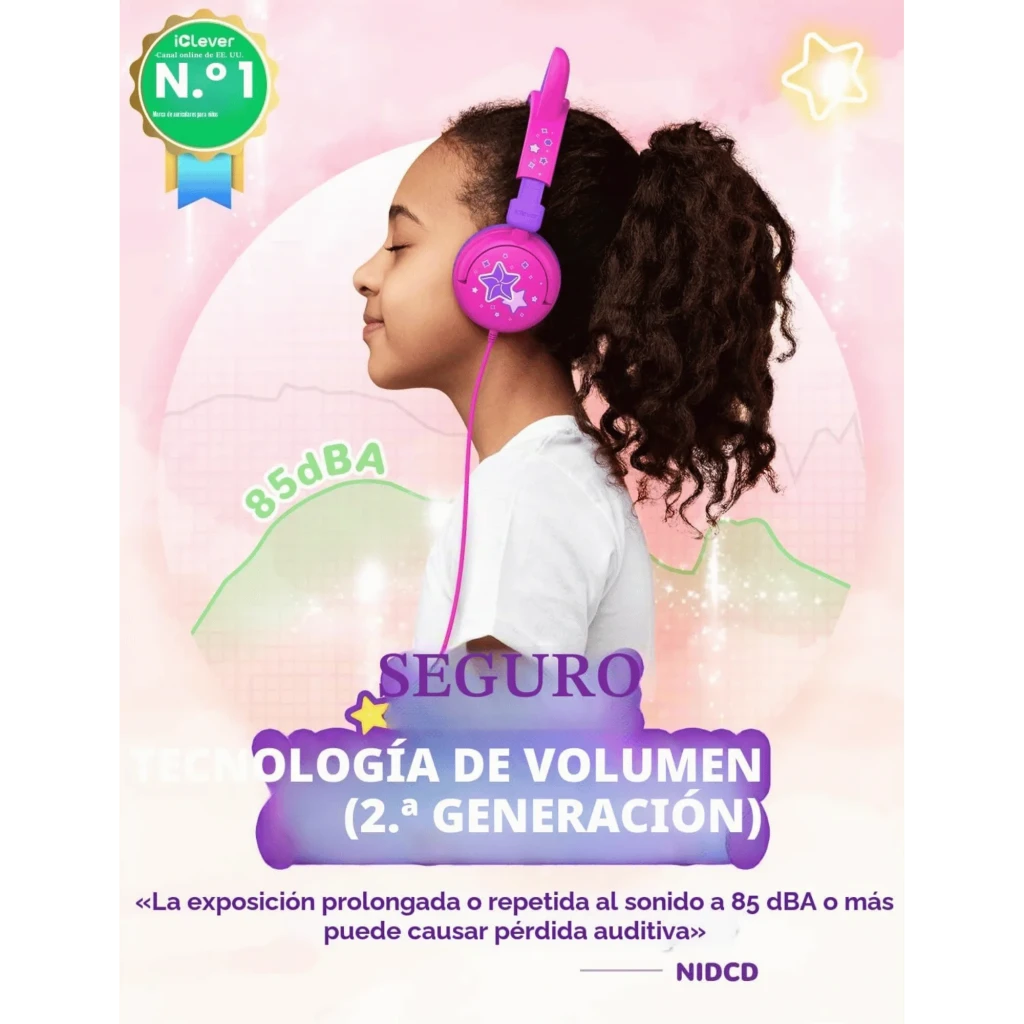 iClever HS25 Rosa: auscultadores infantis cor-de-rosa com orelhas de gato LED multicolor, almofadas roxas, estrela decorativa e cabo com jack 3,5 mm - Item1