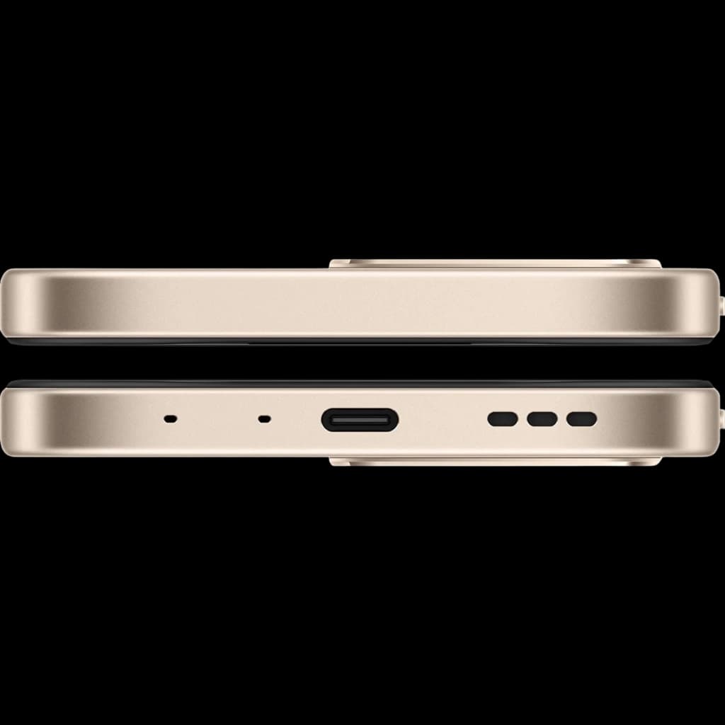 Borde inferior del OPPO A6 5G 256 GB Aurora Gold con puerto USB‑C centrado, micrófonos, rejilla de altavoz y marco dorado plano con módulo de cámara