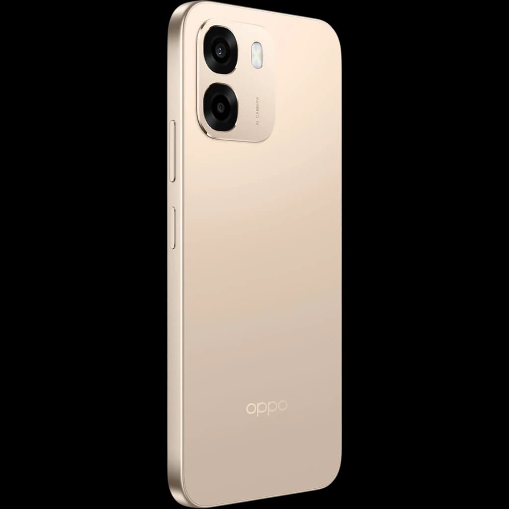 OPPO A6 5G 256 GB Aurora Gold 6 GB IP68 en dorado mate, bordes planos, doble cámara trasera con módulos grandes y flash, logo OPPO en la parte baja